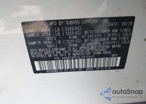 2020 Subaru Outback Touring z USA, uszkodzony, nr VIN 4S4BTAPC3L3215442